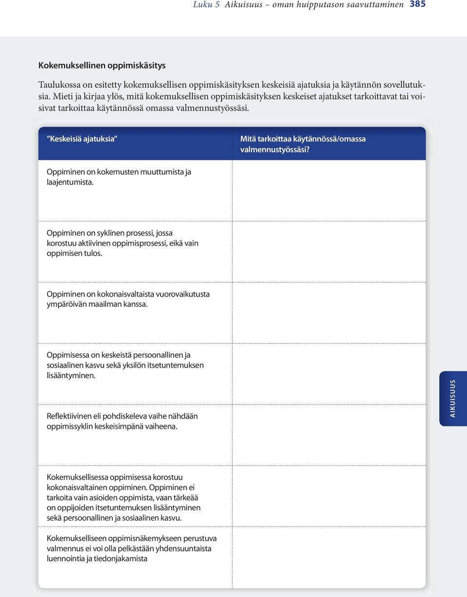 Keskeisiä ajatuksia Mitä tarkoittaa käytännössä/omassa valmennustyössäsi? Oppiminen on kokemusten muuttumista ja laajentumista.