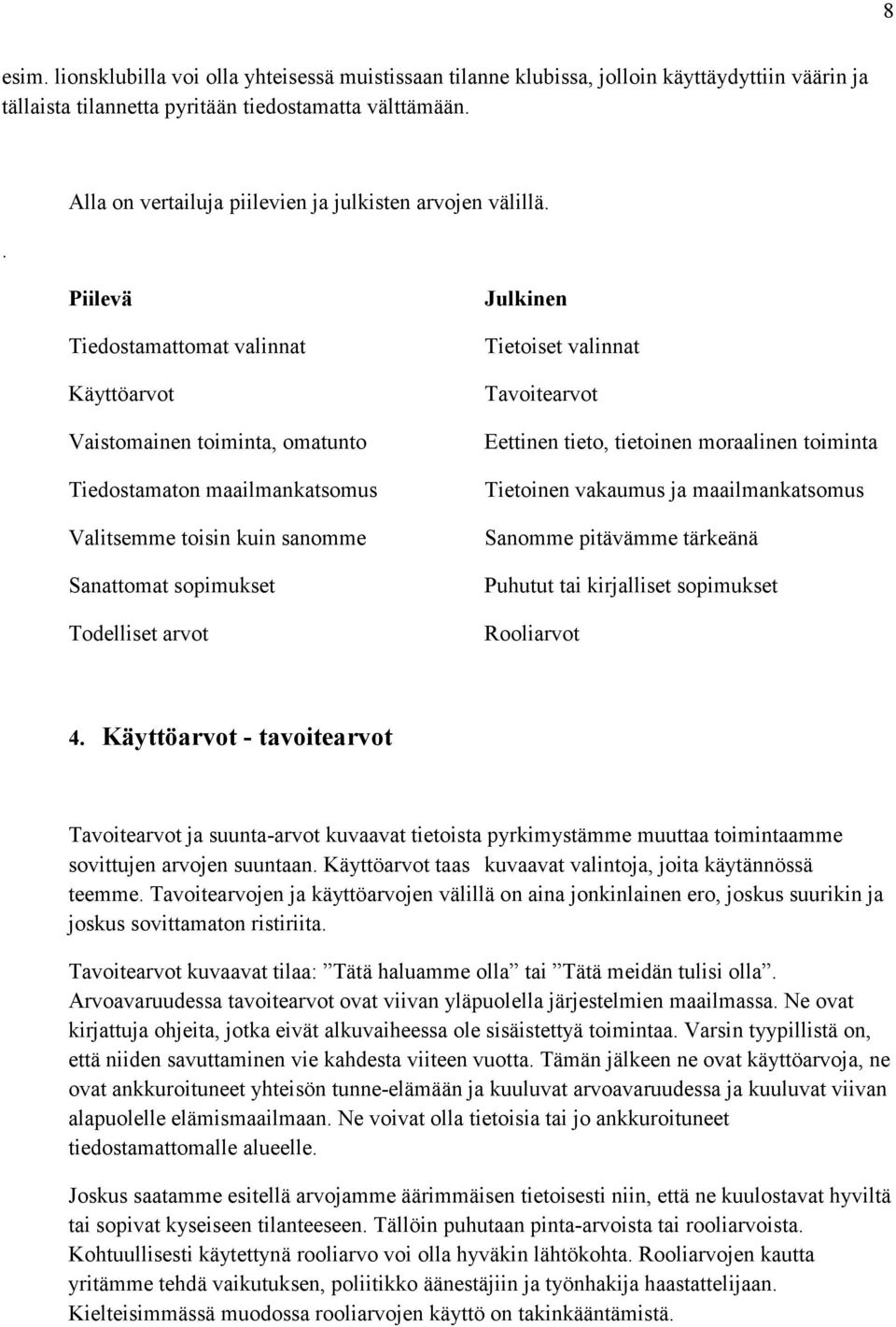 Piilevä Tiedostamattomat valinnat Käyttöarvot Vaistomainen toiminta, omatunto Tiedostamaton maailmankatsomus Valitsemme toisin kuin sanomme Sanattomat sopimukset Todelliset arvot Julkinen Tietoiset