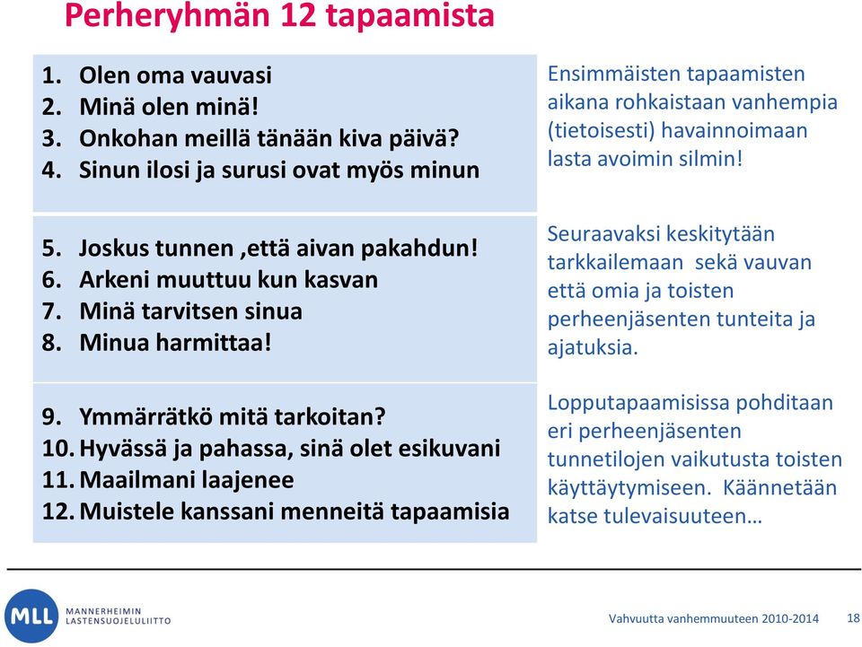 Muistele kanssani menneitä tapaamisia Ensimmäisten tapaamisten aikana rohkaistaan vanhempia (tietoisesti) havainnoimaan lasta avoimin silmin!