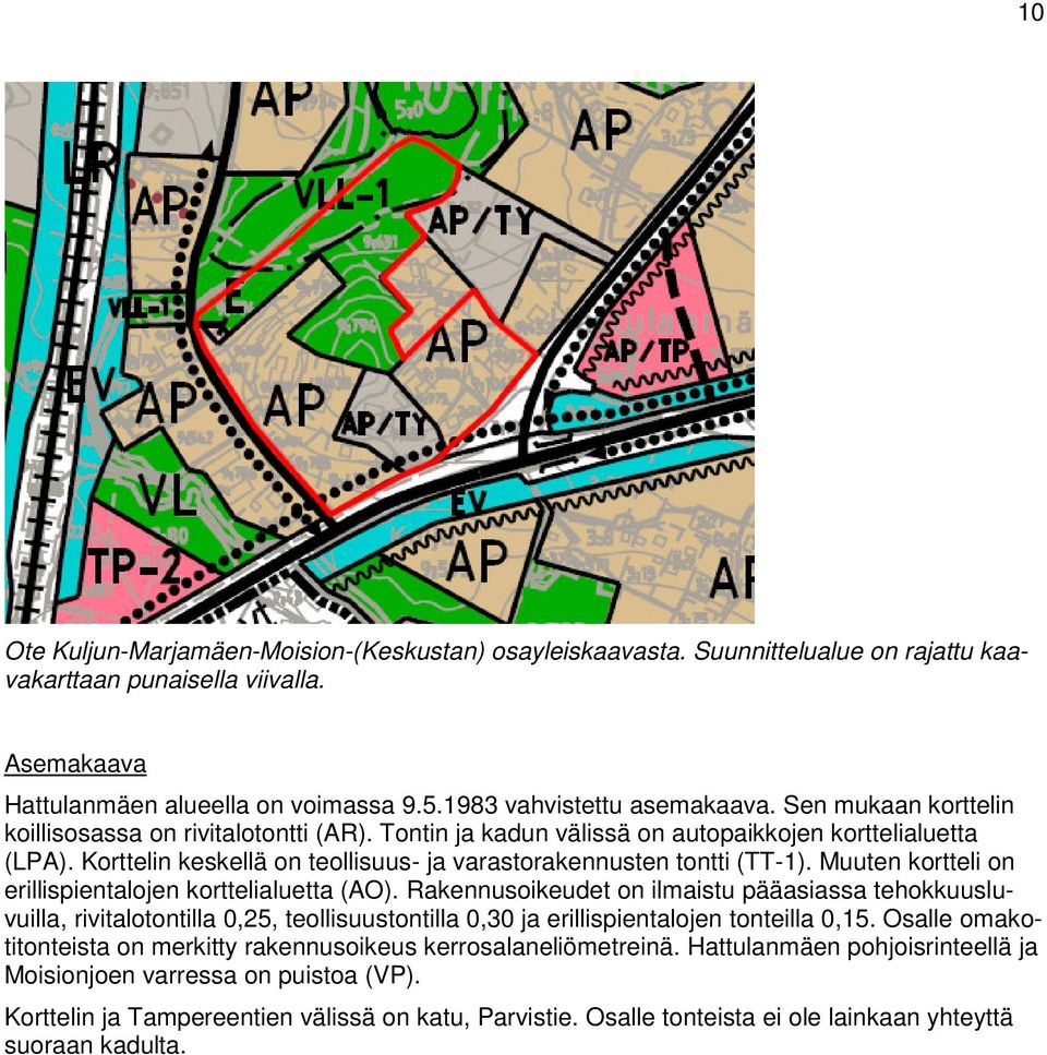 Korttelin keskellä on teollisuus- ja varastorakennusten tontti (TT-1). Muuten kortteli on erillispientalojen korttelialuetta (AO).