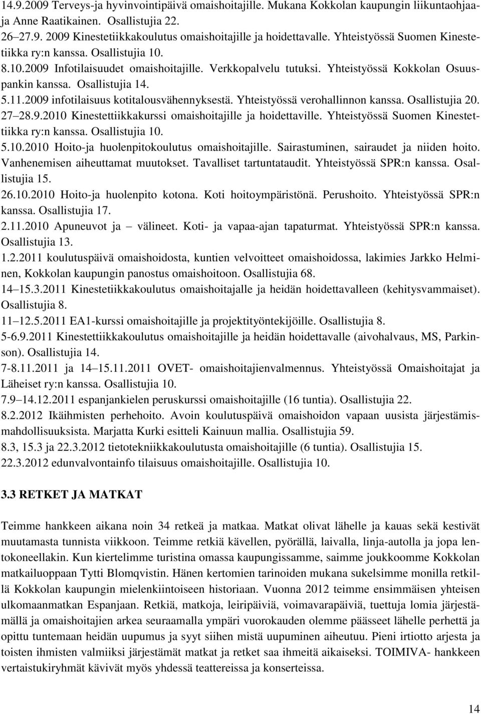 2009 infotilaisuus kotitalousvähennyksestä. Yhteistyössä verohallinnon kanssa. Osallistujia 20. 27 28.9.2010 Kinestettiikkakurssi omaishoitajille ja hoidettaville.