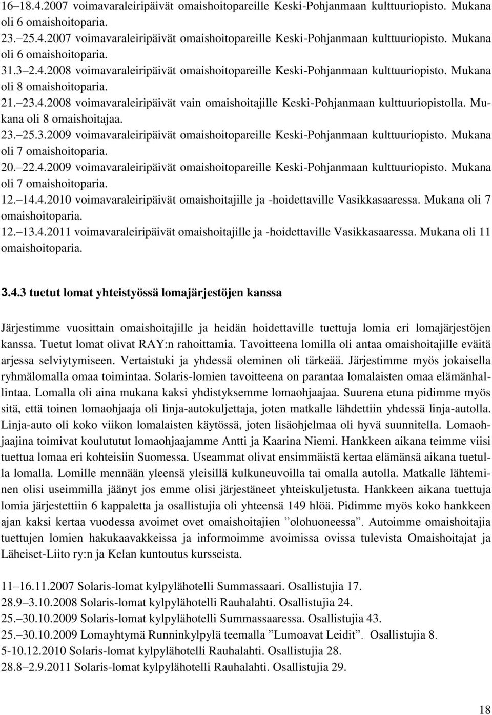 Mukana oli 8 omaishoitajaa. 23. 25.3.2009 voimavaraleiripäivät omaishoitopareille Keski-Pohjanmaan kulttuuriopisto. Mukana oli 7 omaishoitoparia. 20. 22.4.