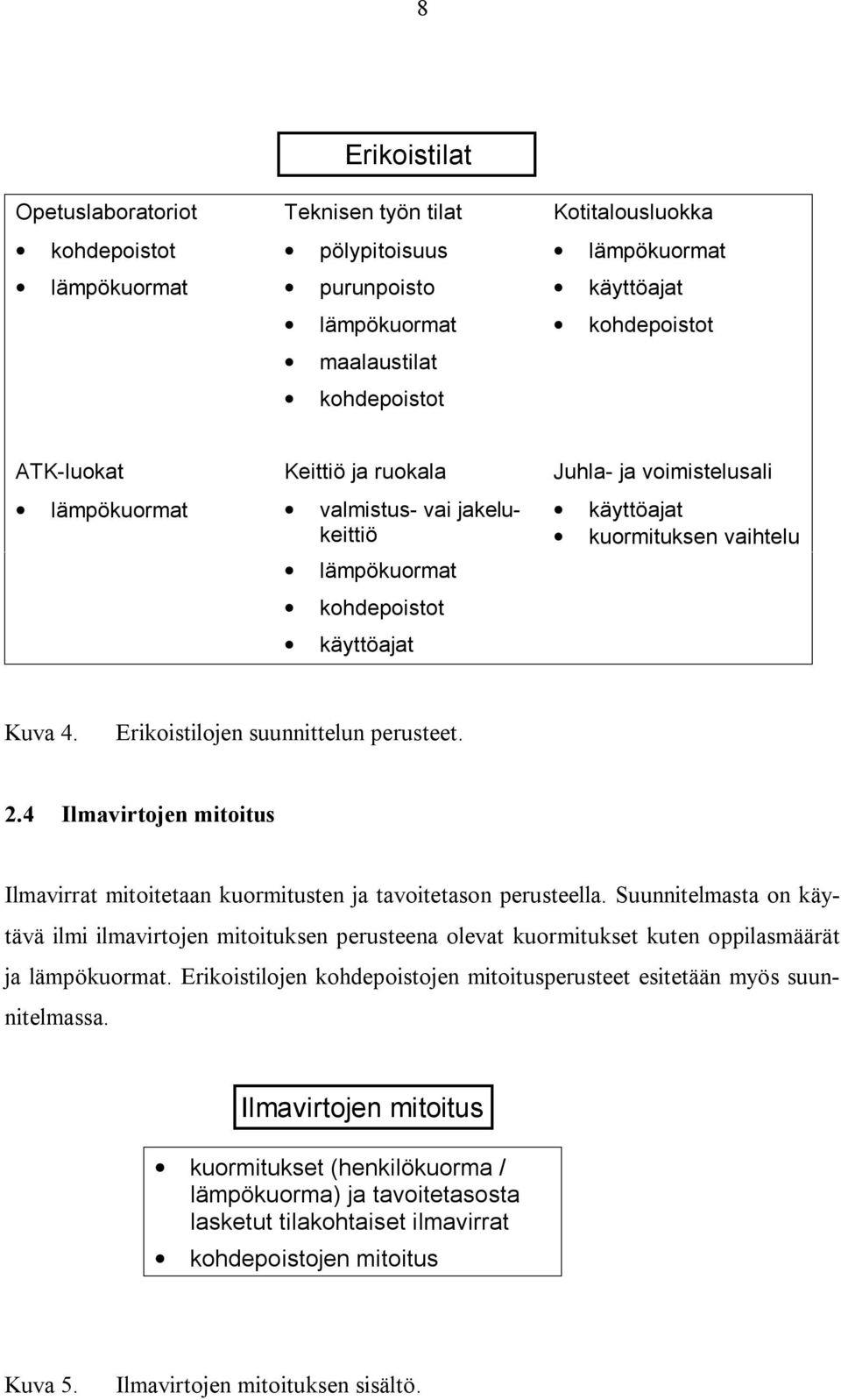 Erikoistilojen suunnittelun perusteet. 2.4 Ilmavirtojen mitoitus Ilmavirrat mitoitetaan kuormitusten ja tavoitetason perusteella.