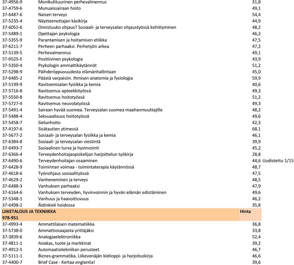 Perhetyön arkea 47,2 37-5139-5 Perhevalmennus 49,1 37-6525-5 Positiivinen psykologia 43,9 37-5350-4 Psykologin ammattikäytännöt 51,2 37-5298-9 Päihderiippuvuudesta elämänhallintaan 45,0 37-6485-2