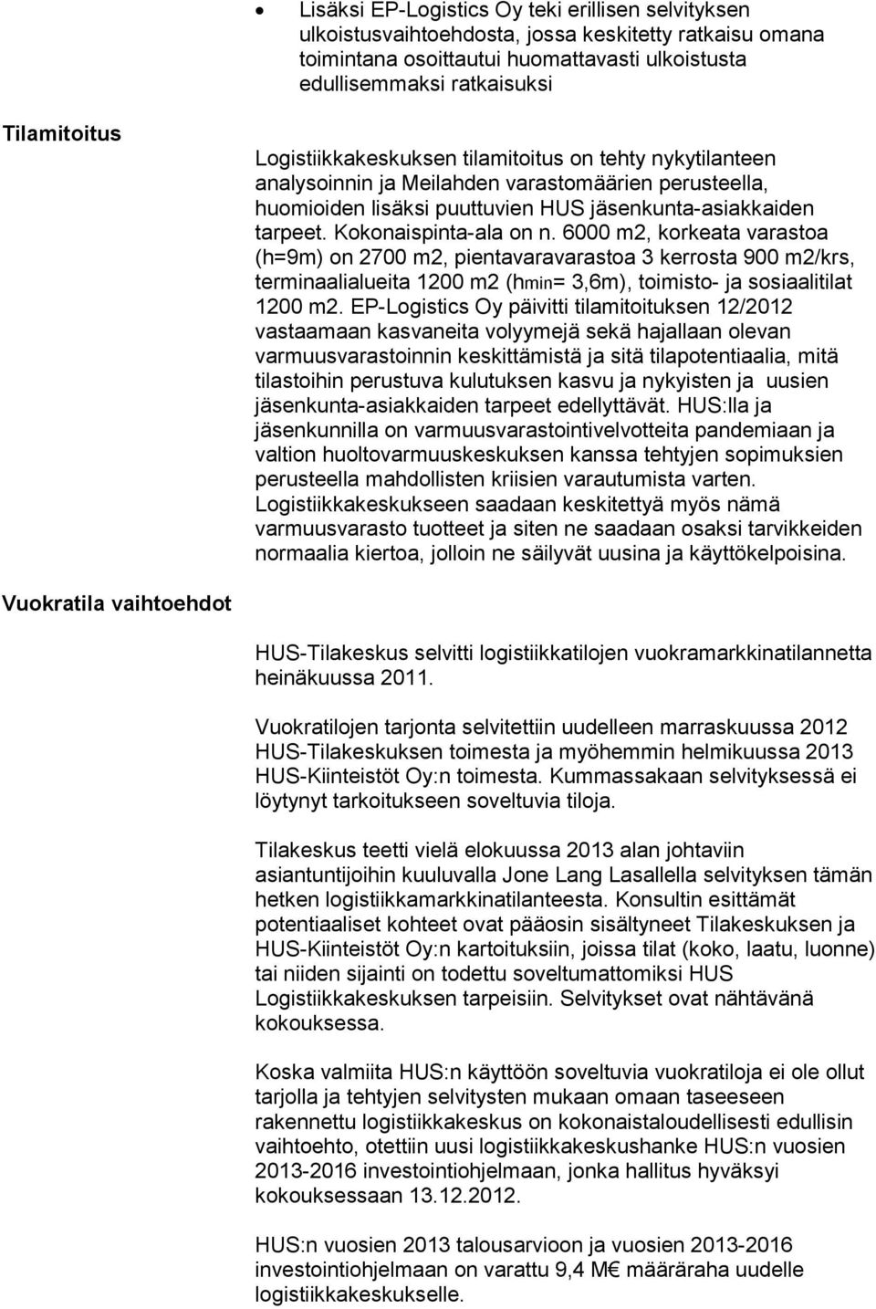 6000 m2, korkeata varastoa (h=9m) on 2700 m2, pientavaravarastoa 3 kerrosta 900 m2/krs, terminaalialueita 1200 m2 (hmin= 3,6m), toimisto- ja sosiaalitilat 1200 m2.