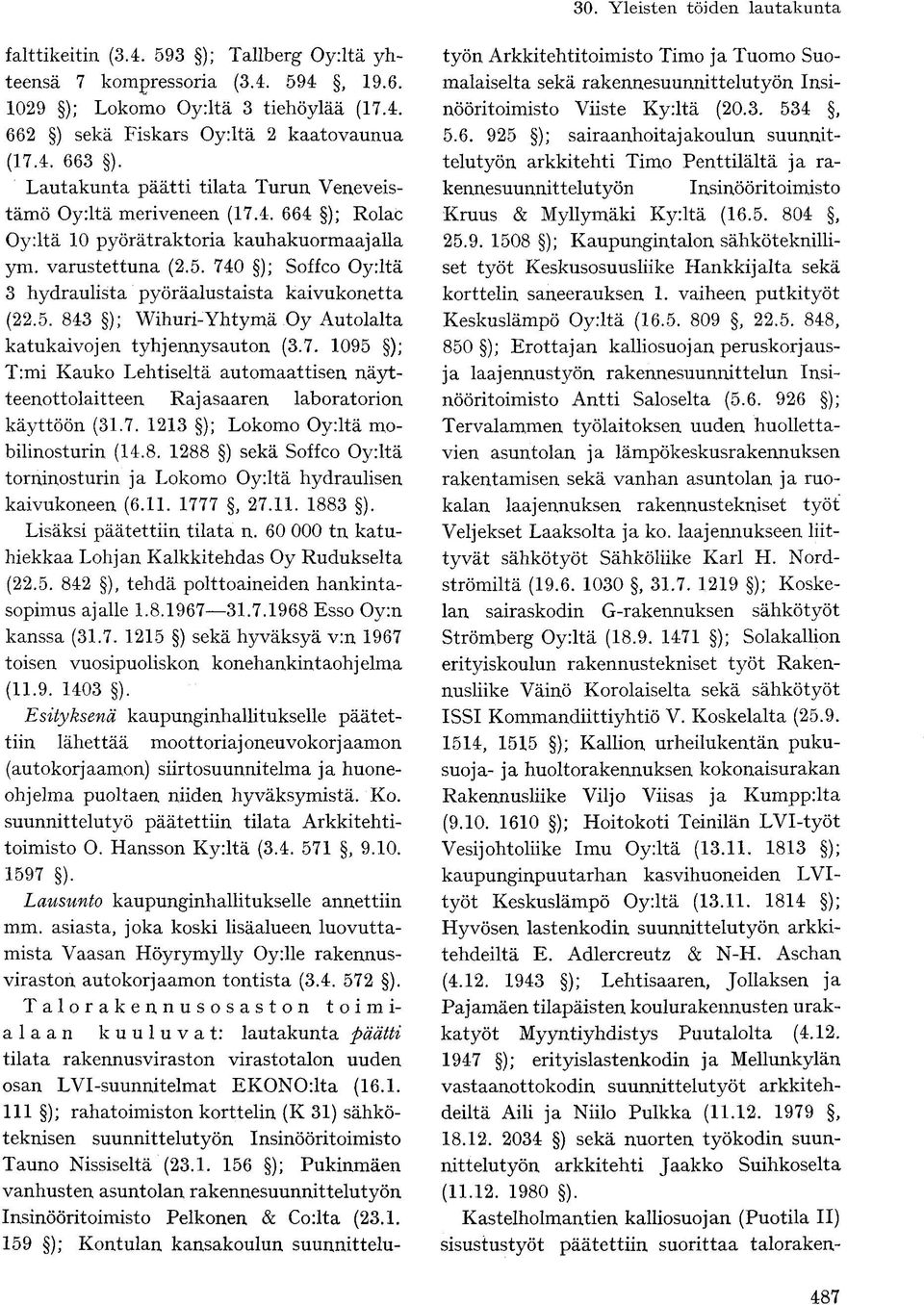 740 ); Soffco Oyrltä 3 hydraulista pyöräalustaista kaivukonetta (22.5. 843 ); Wihuri-Yhtymä.Oy Autolalta katukaivojen tyhjennysauton (3.7. 1095 ); T:mi Kauko Lehtiseltä automaattisen näytteenottolaitteen Rajasaaren laboratorion käyttöön (31.