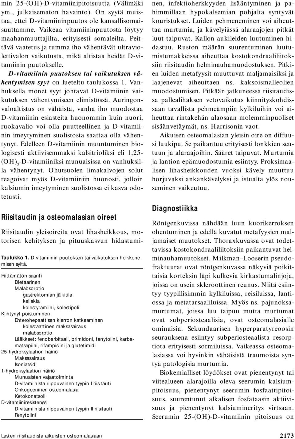 D-vitamiinin puutoksen tai vaikutuksen vähentymisen syyt on lueteltu taulukossa 1. Vanhuksella monet syyt johtavat D-vitamiinin vaikutuksen vähentymiseen elimistössä.