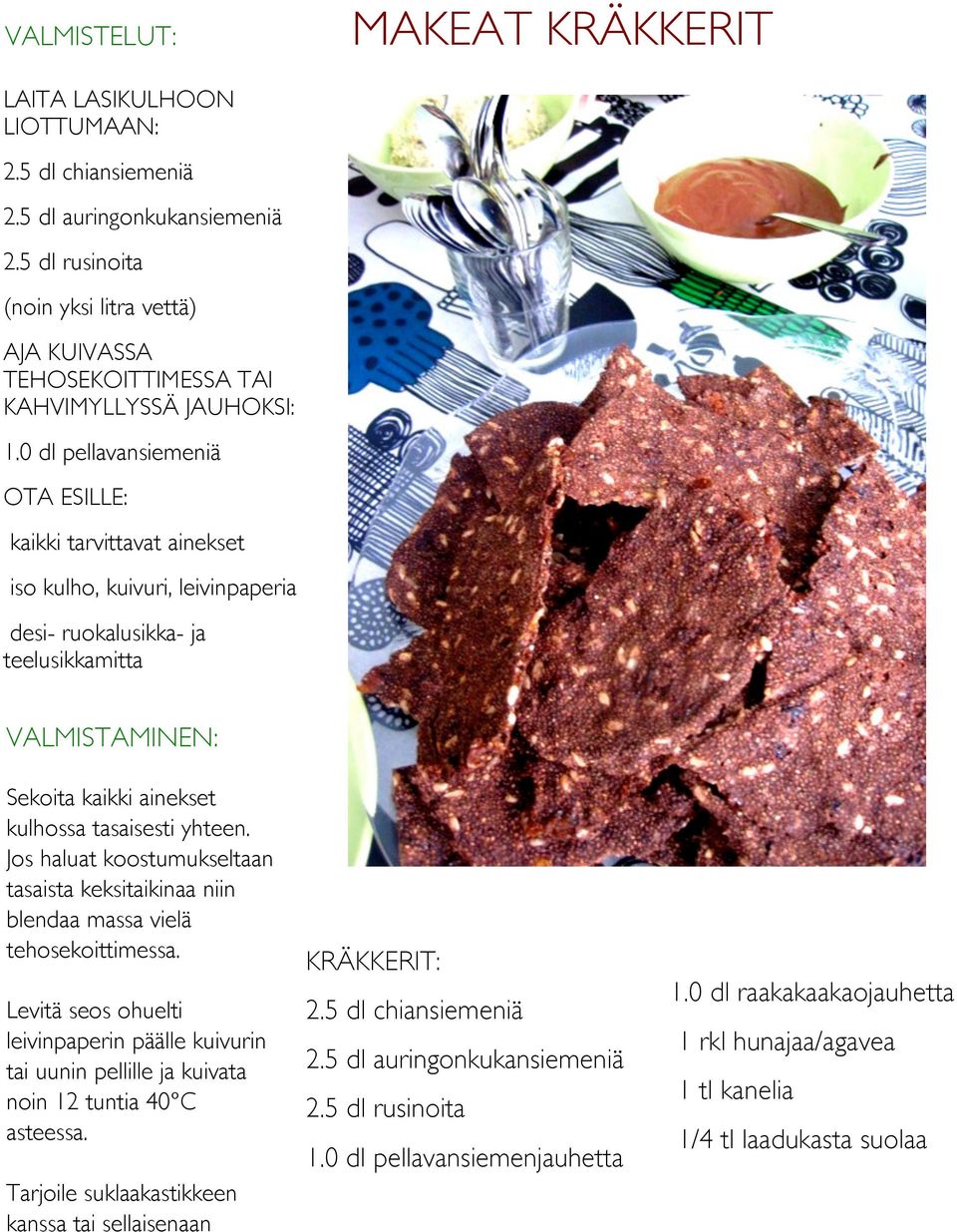 0 dl pellavansiemeniä OTA ESILLE: kaikki tarvittavat ainekset iso kulho, kuivuri, leivinpaperia desi- ruokalusikka- ja teelusikkamitta VALMISTAMINEN: Sekoita kaikki ainekset kulhossa tasaisesti