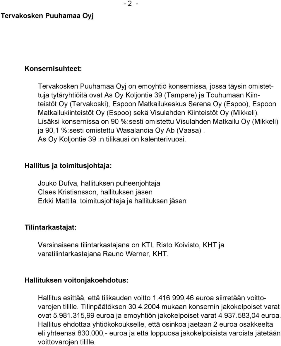 Lisäksi konsernissa on 90 %:sesti omistettu Visulahden Matkailu Oy (Mikkeli) ja 90,1 %:sesti omistettu Wasalandia Oy Ab (Vaasa). As Oy Koljontie 39 :n tilikausi on kalenterivuosi.