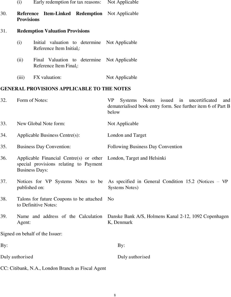 APPLICABLE TO THE NOTES 32. Form of Notes: VP Systems Notes issued in uncertificated and dematerialised book entry form. See further item 6 of Part B below 33. New Global Note form: 34.