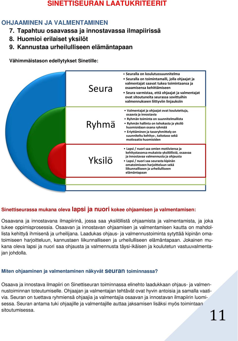 toimintaansa ja osaamisensa kehittämiseen Seura varmistaa, että ohjaajat ja valmentajat ovat sitoutuneita seurassa sovittuihin valmennukseen liittyviin linjauksiin Valmentajat ja ohjaajat ovat