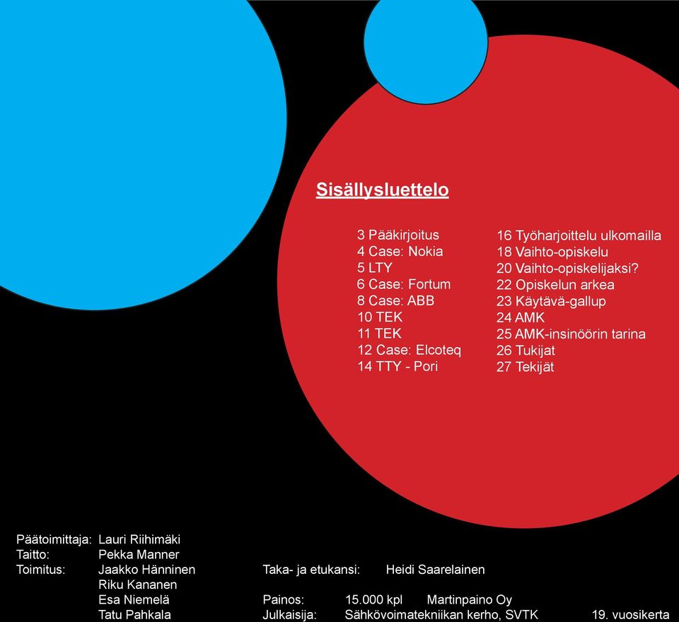 22 Opiskelun arkea 23 Käytävä-gallup 24 AMK 25 AMK-insinöörin tarina 26 Tukijat 27 Tekijät Päätoimittaja: Lauri Riihimäki Taitto: