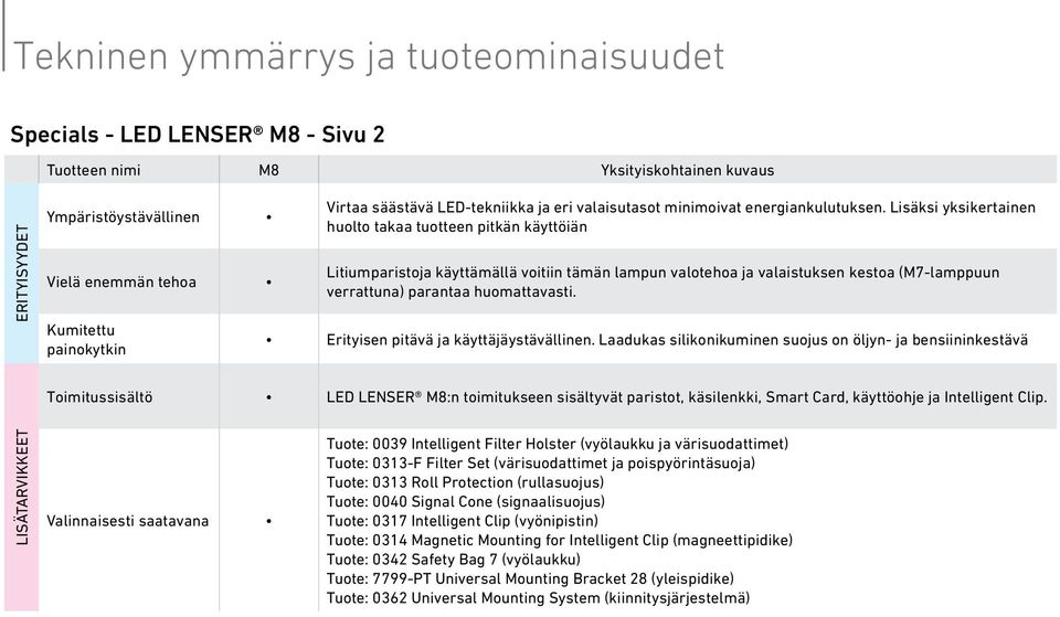 Lisäksi yksikertainen huolto takaa tuotteen pitkän käyttöiän Litiumparistoja käyttämällä voitiin tämän lampun valotehoa ja valaistuksen kestoa (M7-lamppuun verrattuna) parantaa huomattavasti.