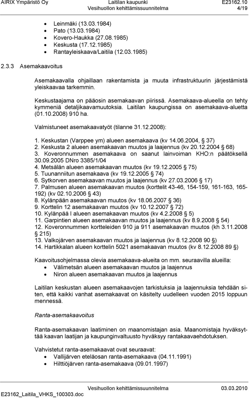 Valmistuneet asemakaavatyöt (tilanne 31.12.2008): 1. Keskustan (Varppee ym) alueen asemakaava (kv 14.06.2004, 37) 2. Keskusta 2 alueen asemakaavan muutos ja laajennus (kv 20.12.2004 68) 3.