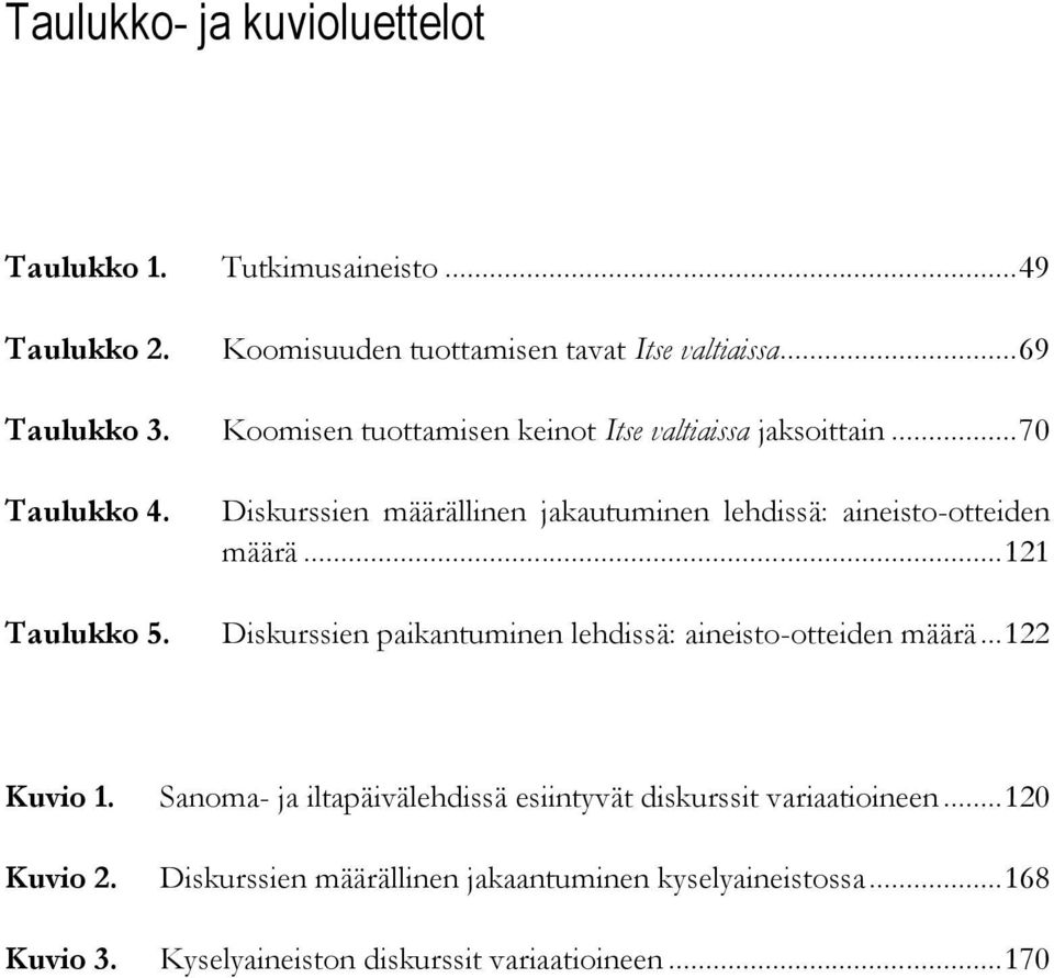 .. 121 Taulukko 5. Diskurssien paikantuminen lehdissä: aineisto-otteiden määrä... 122 Kuvio 1.