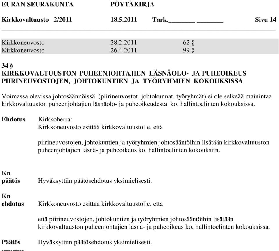 2011 99 34 KIRKKOVALTUUSTON PUHEENJOHTAJIEN LÄSNÄOLO- JA PUHEOIKEUS PIIRINEUVOSTOJEN, JOHTOKUNTIEN JA TYÖRYHMIEN KOKOUKSISSA Voimassa olevissa johtosäännöissä (piirineuvostot, johtokunnat, työryhmät)