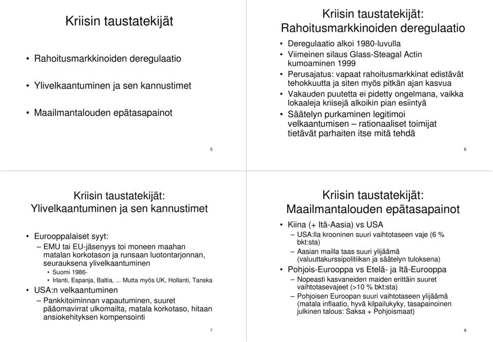 vaikka lokaaleja kriisejä alkoikin pian esiintyä Säätelyn purkaminen legitimoi velkaantumisen rationaaliset toimijat tietävät parhaiten itse mitä tehdä 5 6 Kriisin taustatekijät: Ylivelkaantuminen ja