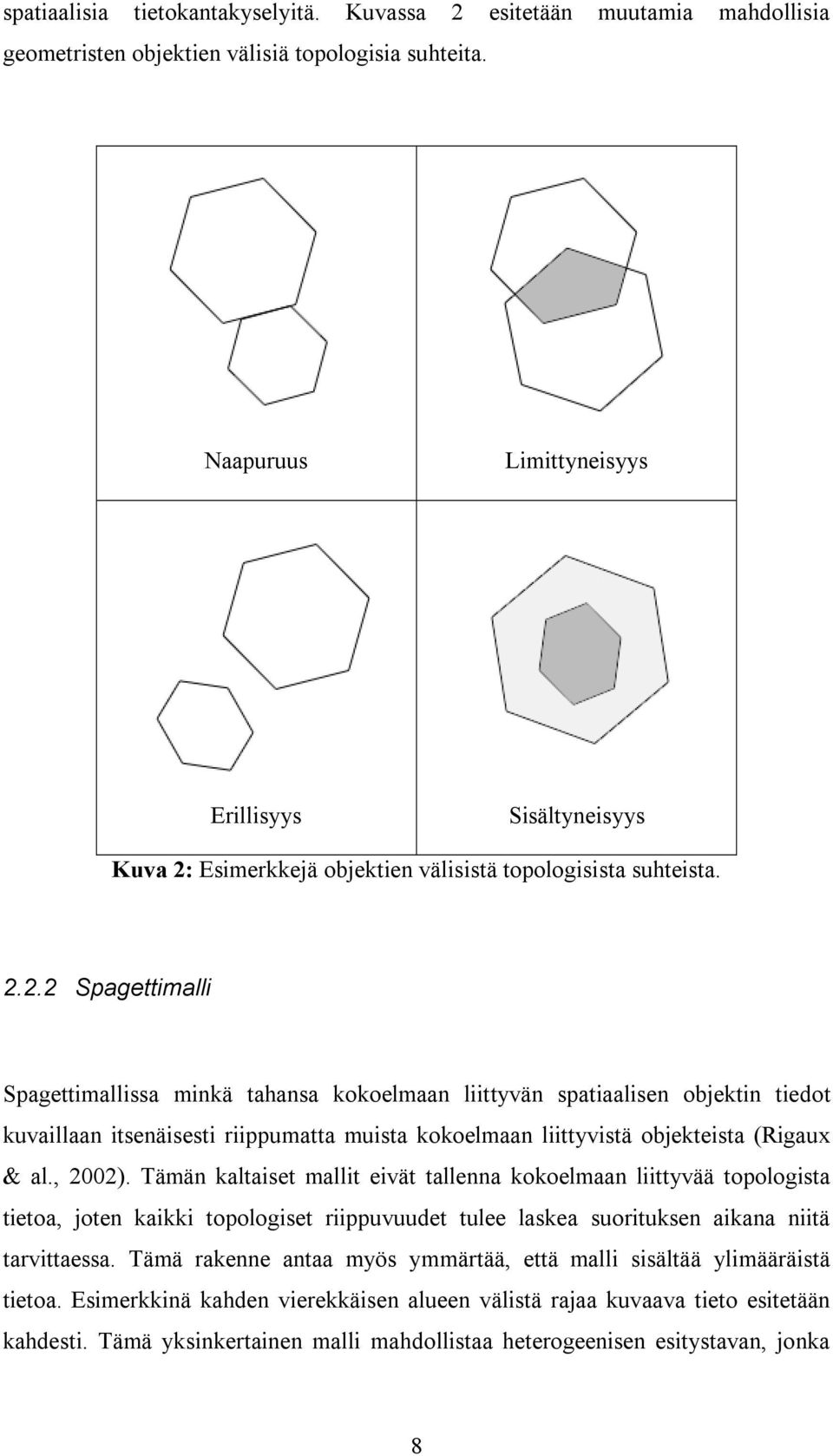 Esimerkkejä objektien välisistä topologisista suhteista. 2.