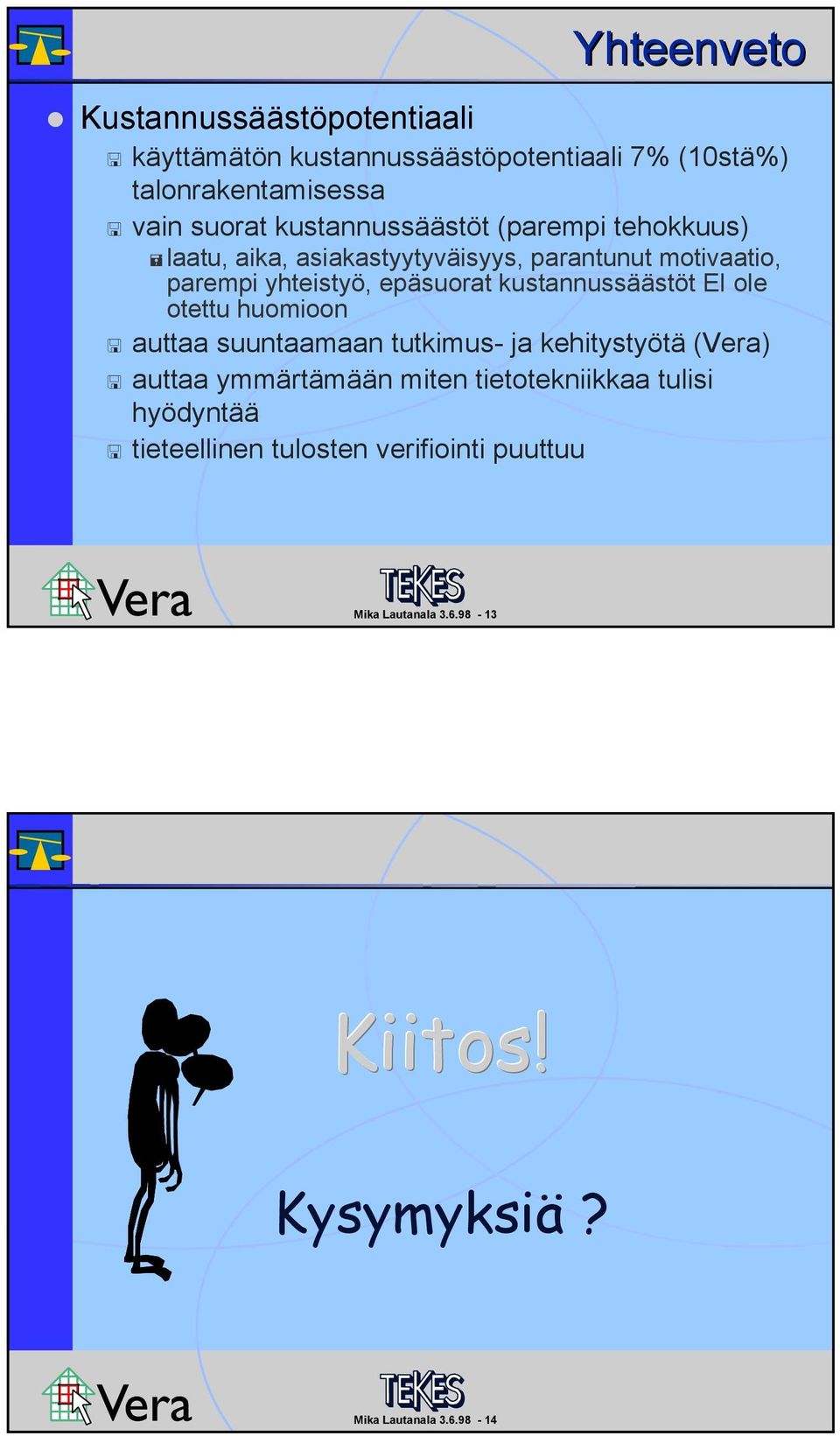 kustannussäästöt EI ole otettu huomioon auttaa suuntaamaan tutkimus- ja kehitystyötä (Vera) auttaa ymmärtämään miten