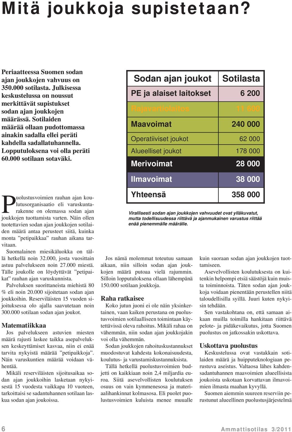 Sodan ajan joukot PE ja alaiset laitokset Rajavartiolaitos Maavoimat Operatiiviset joukot Alueelliset joukot Merivoimat Ilmavoimat Sotilasta 6 200 11 600 240 000 62 000 178 000 28 000 38 000