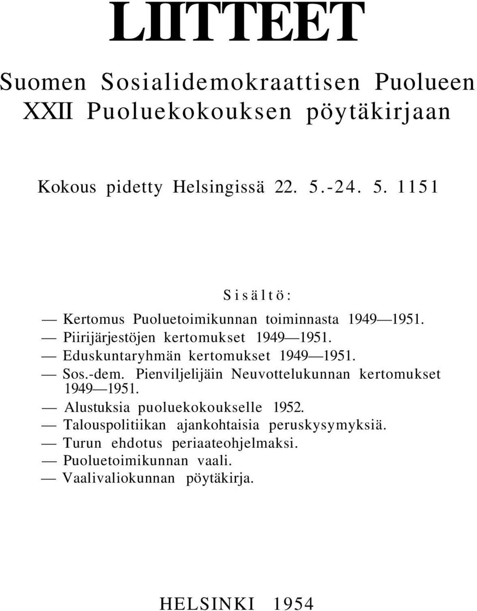 Eduskuntaryhmän kertomukset 1949 1951. Sos.-dem. Pienviljelijäin Neuvottelukunnan kertomukset 1949 1951.