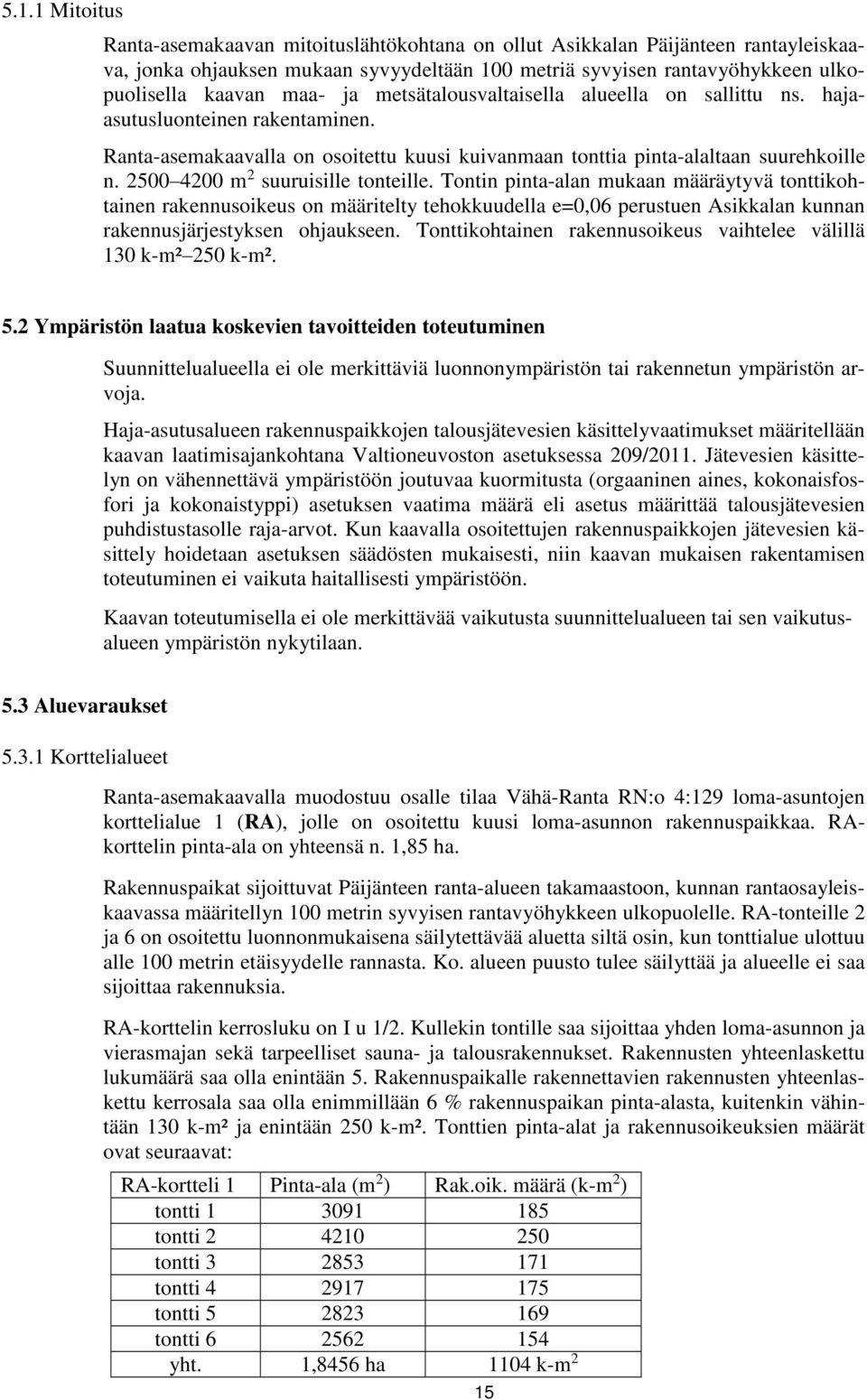 2500 4200 m 2 suuruisille tonteille. Tontin pinta-alan mukaan määräytyvä tonttikohtainen rakennusoikeus on määritelty tehokkuudella e=0,06 perustuen Asikkalan kunnan rakennusjärjestyksen ohjaukseen.