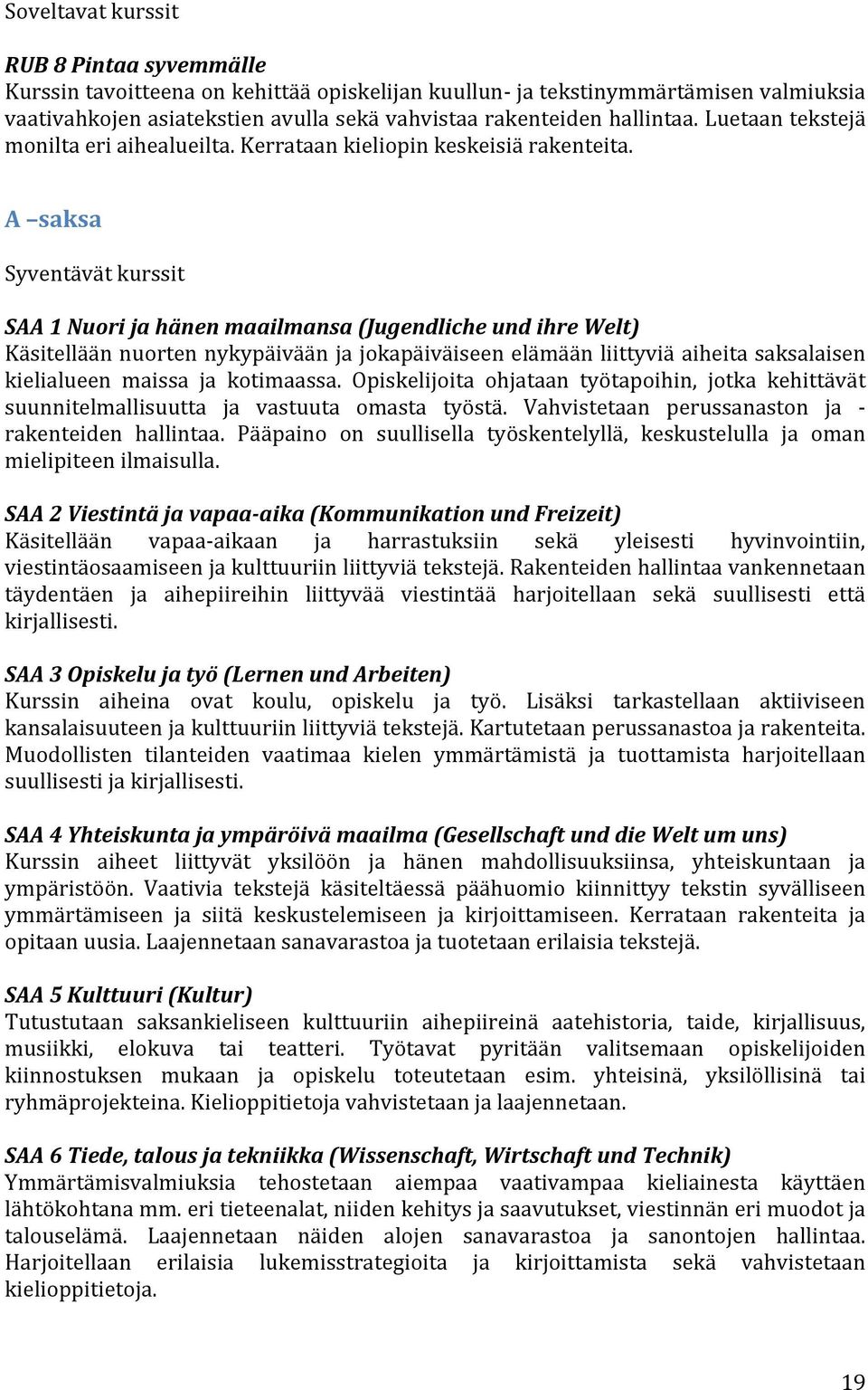 A saksa Syventävät kurssit SAA 1 Nuori ja hänen maailmansa (Jugendliche und ihre Welt) Käsitellään nuorten nykypäivään ja jokapäiväiseen elämään liittyviä aiheita saksalaisen kielialueen maissa ja