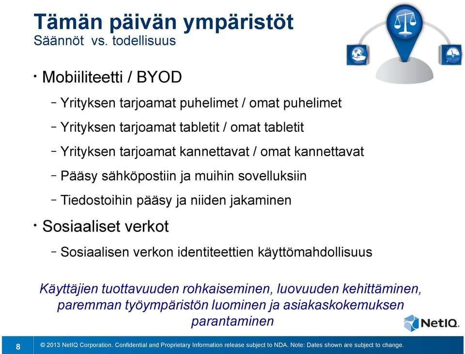 / omat kannettavat Pääsy sähköpostiin ja muihin sovelluksiin Tiedostoihin pääsy ja niiden jakaminen Sosiaaliset verkot Sosiaalisen verkon identiteettien