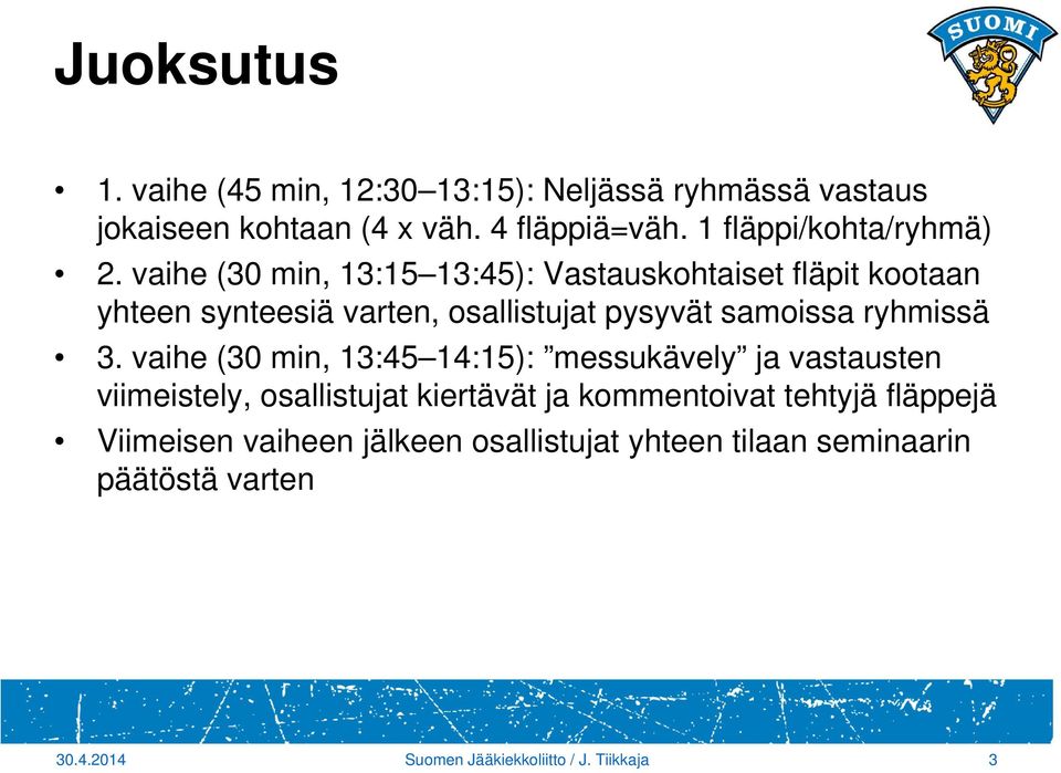 vaihe (30 min, 13:15 13:45): Vastauskohtaiset fläpit kootaan yhteen synteesiä varten, osallistujat pysyvät samoissa ryhmissä 3.