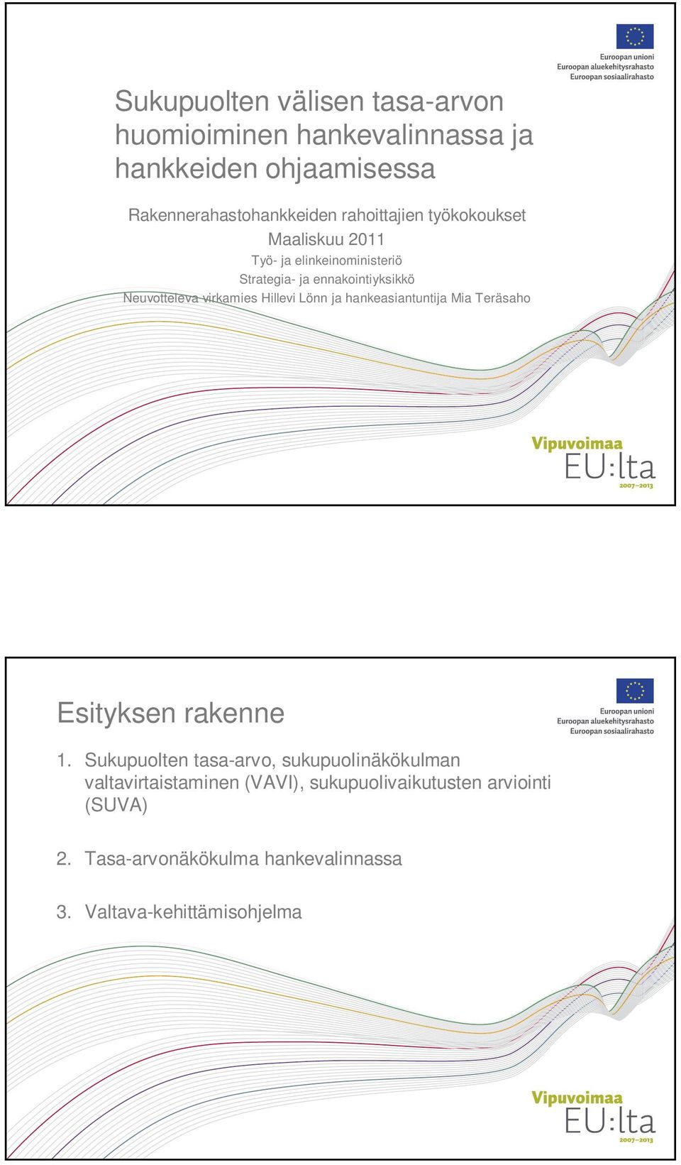 virkamies Hillevi Lönn ja hankeasiantuntija Mia Teräsaho Esityksen rakenne 1.