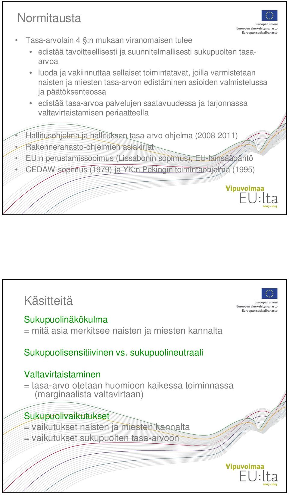 hallituksen tasa-arvo-ohjelma (2008-2011) Rakennerahasto-ohjelmien asiakirjat EU:n perustamissopimus (Lissabonin sopimus); EU-lainsäädäntö CEDAW-sopimus (1979) ja YK:n Pekingin toimintaohjelma (1995)