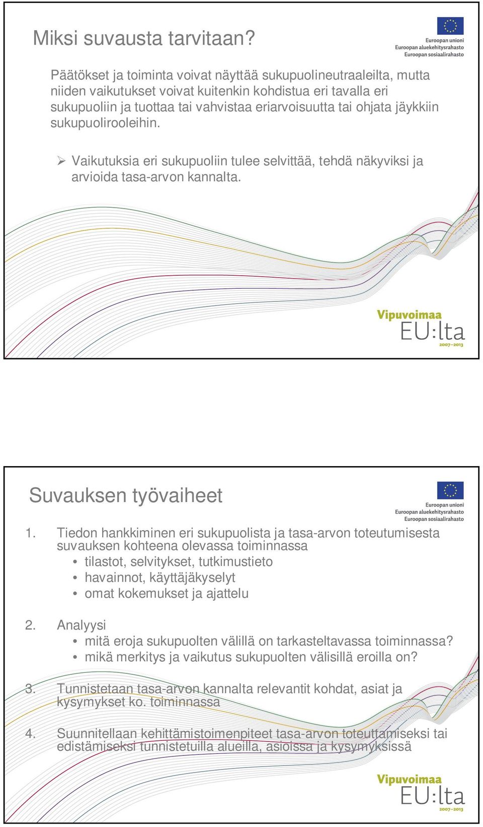 jäykkiin sukupuolirooleihin. Vaikutuksia eri sukupuoliin tulee selvittää, tehdä näkyviksi ja arvioida tasa-arvon kannalta. Suvauksen työvaiheet 1.