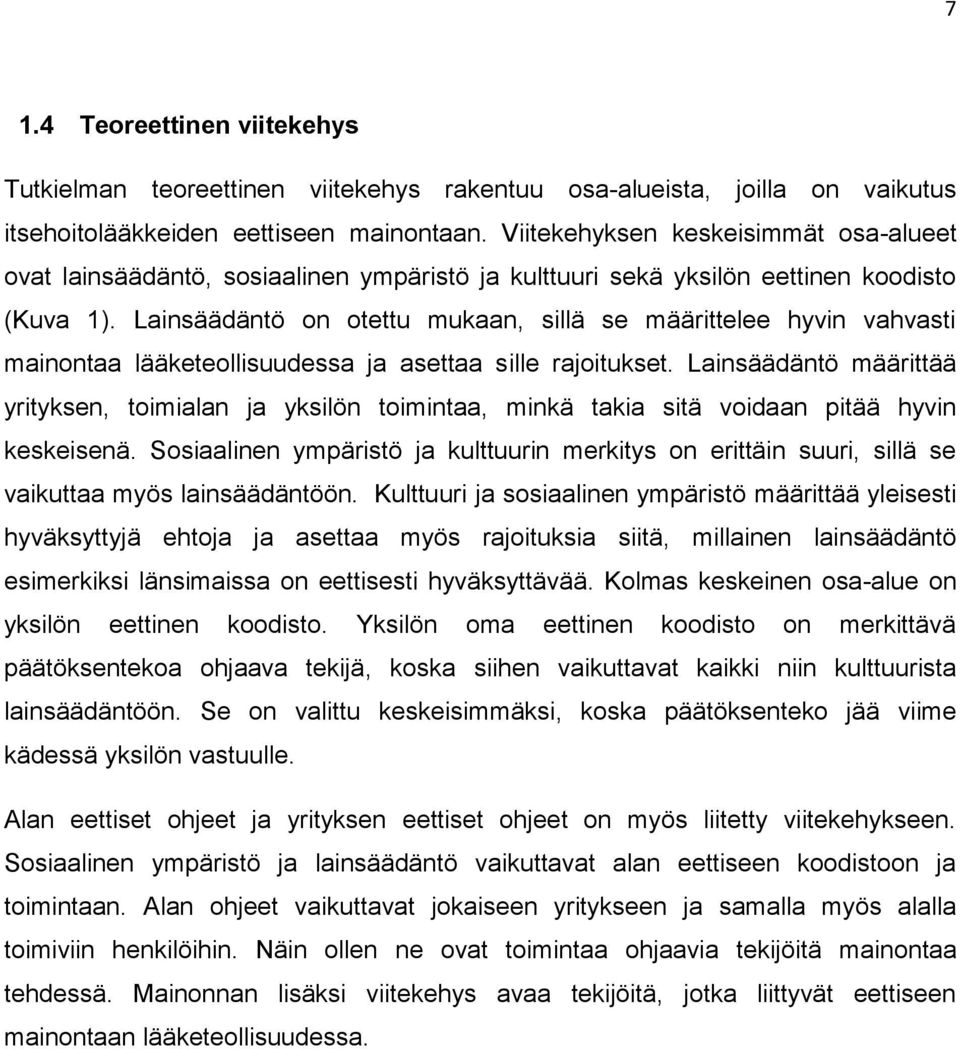 Lainsäädäntö on otettu mukaan, sillä se määrittelee hyvin vahvasti mainontaa lääketeollisuudessa ja asettaa sille rajoitukset.