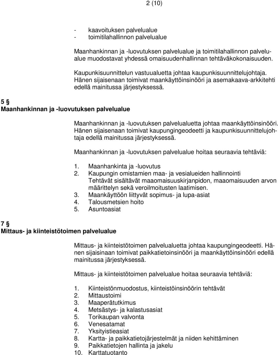 Hänen sijaisenaan toimivat maankäyttöinsinööri ja asemakaava-arkkitehti edellä mainitussa järjestyksessä. Maanhankinnan ja -luovutuksen palvelualuetta johtaa maankäyttöinsinööri.