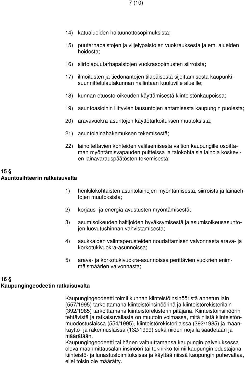 alueille; 18) kunnan etuosto-oikeuden käyttämisestä kiinteistönkaupoissa; 19) asuntoasioihin liittyvien lausuntojen antamisesta kaupungin puolesta; 20) aravavuokra-asuntojen käyttötarkoituksen