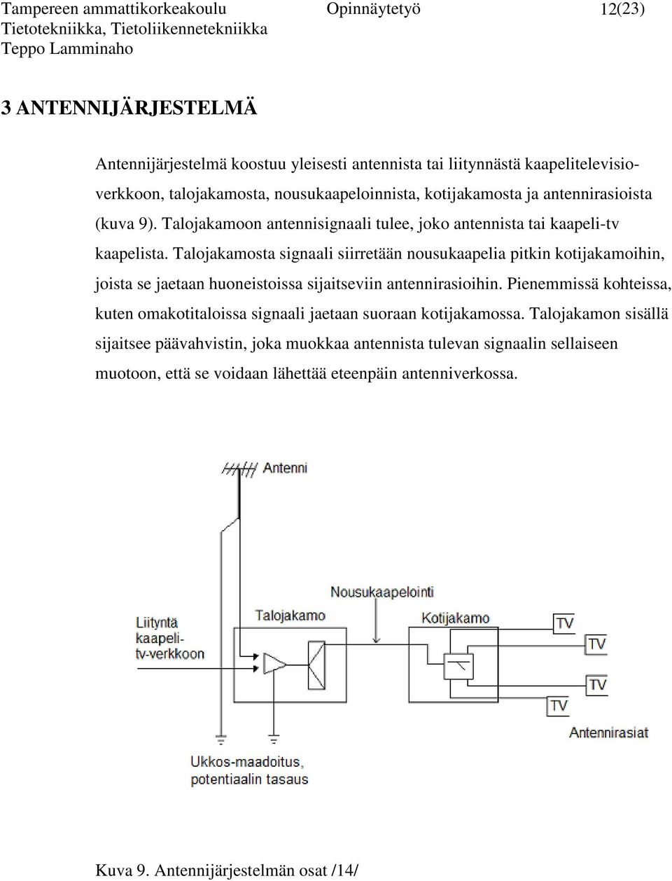 Talojakamosta signaali siirretään nousukaapelia pitkin kotijakamoihin, joista se jaetaan huoneistoissa sijaitseviin antennirasioihin.