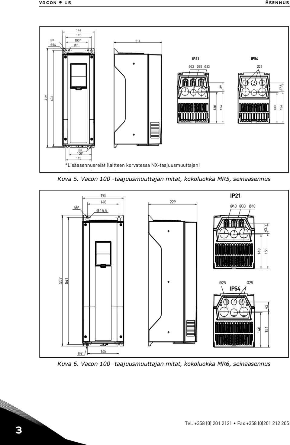 Vacon 100 -taajuusmuuttajan mitat, kokoluokka MR5, seinäasennus IP21 195 148 Ø9 229 Ø40 Ø33 Ø40 Ø 15,5 Ø25