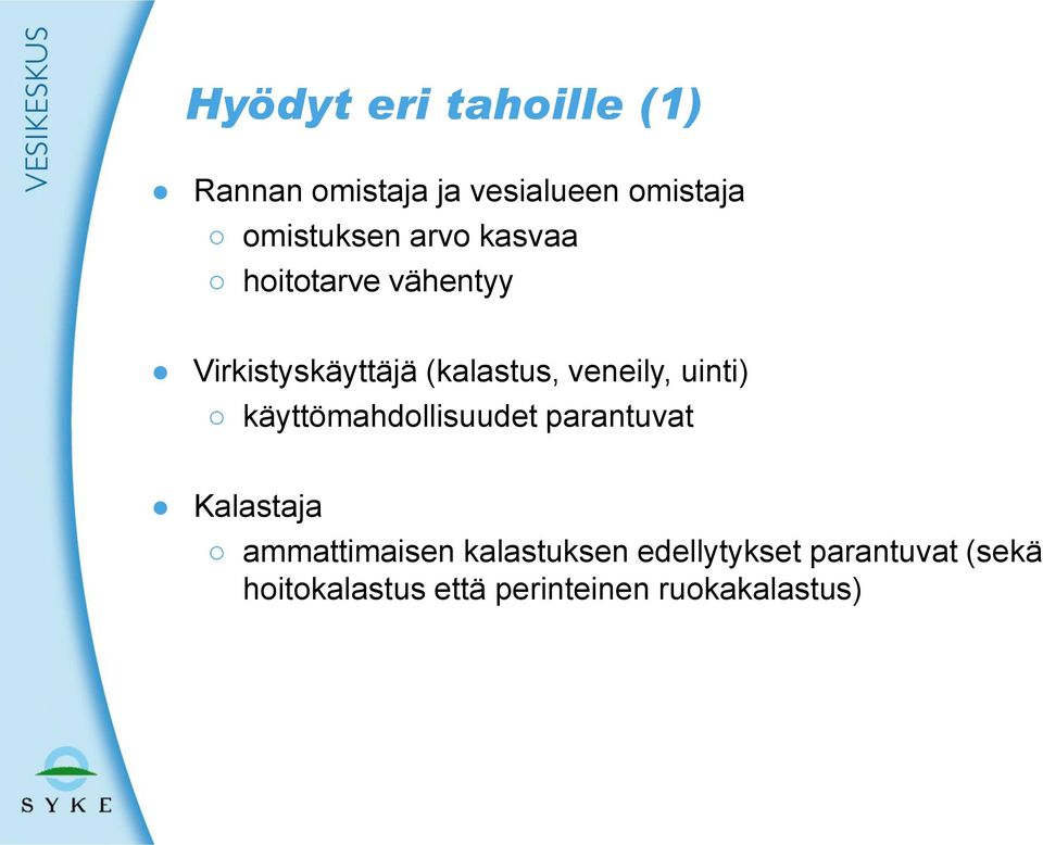 uinti) käyttömahdollisuudet parantuvat Kalastaja ammattimaisen