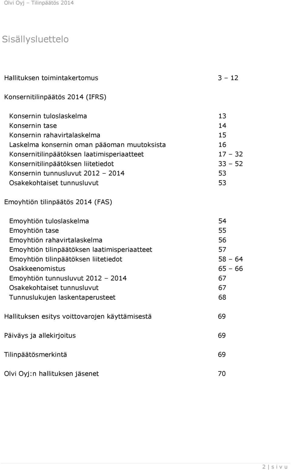 (FAS) Emoyhtiön tuloslaskelma 54 Emoyhtiön tase 55 Emoyhtiön rahavirtalaskelma 56 Emoyhtiön tilinpäätöksen laatimisperiaatteet 57 Emoyhtiön tilinpäätöksen liitetiedot 58 64 Osakkeenomistus 65 66