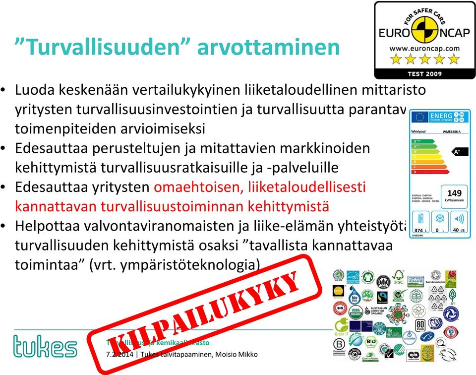 Edesauttaa yritysten omaehtoisen, liiketaloudellisesti kannattavan turvallisuustoiminnan kehittymistä Helpottaa valvontaviranomaisten ja liike-elämän