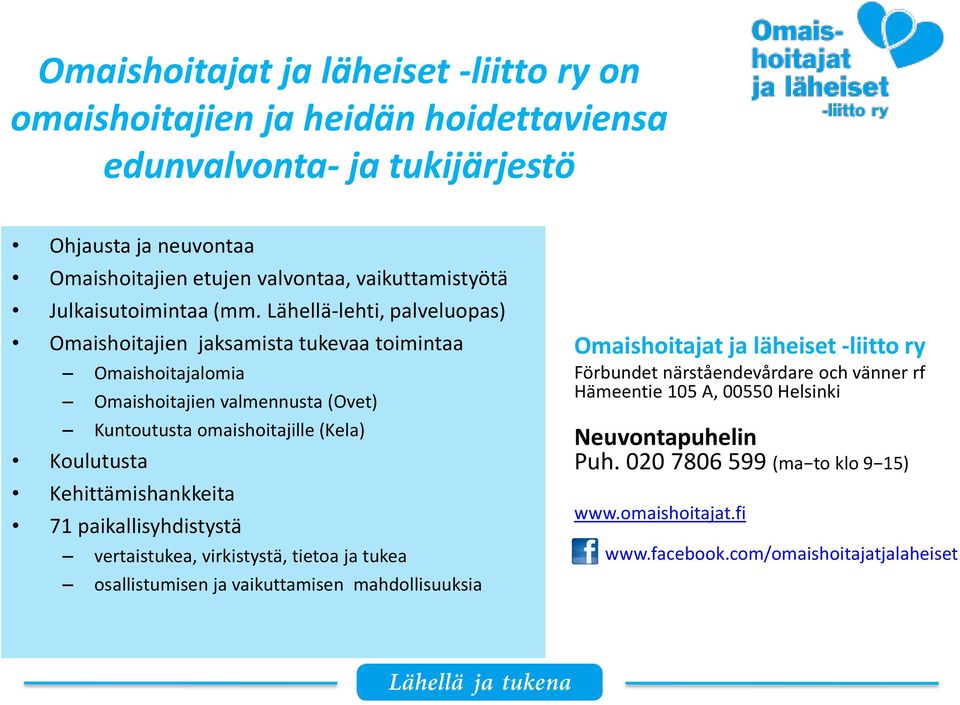 Lähellä-lehti, palveluopas) Omaishoitajien jaksamista tukevaa toimintaa Omaishoitajalomia Omaishoitajien valmennusta (Ovet) Kuntoutusta omaishoitajille (Kela) Koulutusta