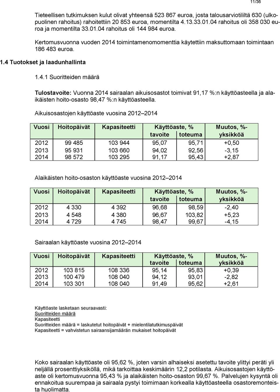 4.1 Suoritteiden määrä Tulostavoite: Vuonna sairaalan aikuisosastot toimivat 91,17 %:n käyttöasteella ja alaikäisten hoito-osasto 98,47 %:n käyttöasteella.