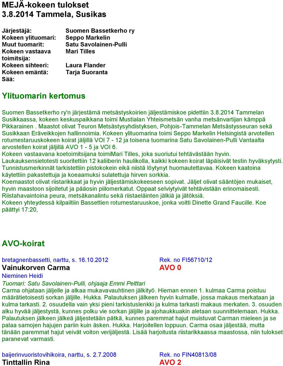 Tilles Laura Flander Tarja Suoranta Ylituomarin kertomus Suomen Bassetkerho ry'n järjestämä metsästyskoirien jäljestämiskoe pidettiin 3.8.