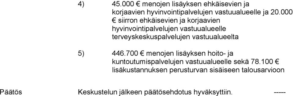 vastuualueelta 5) 446.700 menojen lisäyksen hoito- ja kuntoutumispalvelujen vastuualueelle sekä 78.