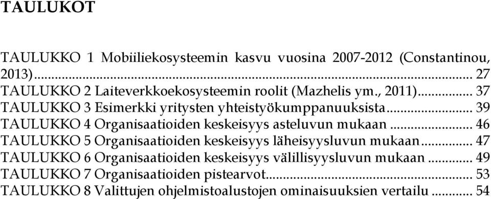 .. 39 TAULUKKO 4 Organisaatioiden keskeisyys asteluvun mukaan... 46 TAULUKKO 5 Organisaatioiden keskeisyys läheisyysluvun mukaan.