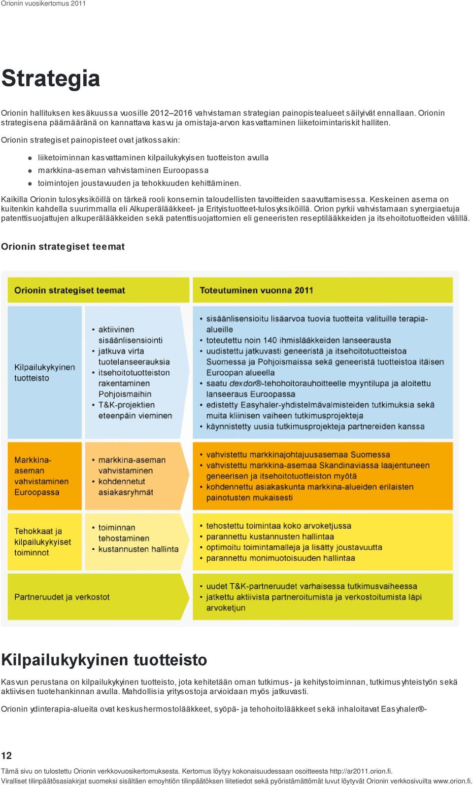 Orionin strategiset painopisteet ovat jatkossakin: liiketoiminnan kasvattaminen kilpailukykyisen tuotteiston avulla markkina-aseman vahvistaminen Euroopassa toimintojen joustavuuden ja tehokkuuden