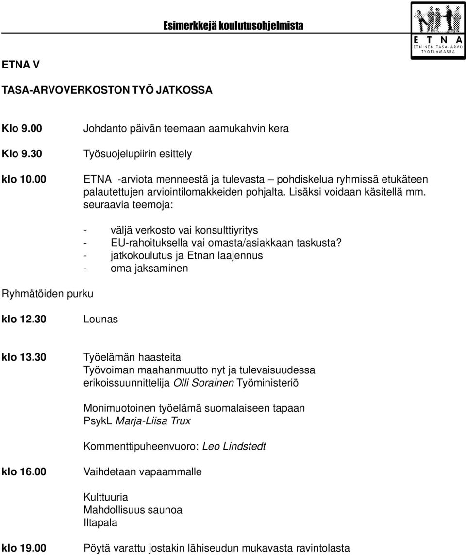 Lisäksi voidaan käsitellä mm. seuraavia teemoja: Ryhmätöiden purku - väljä verkosto vai konsulttiyritys - EU-rahoituksella vai omasta/asiakkaan taskusta?