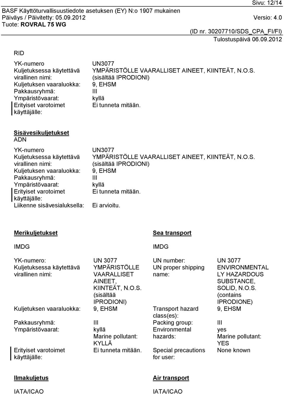 Sisävesikuljetukset ADN YK-numero Kuljetuksessa käytettävä virallinen nimi: Kuljetuksen vaaraluokka: Pakkausryhmä: Ympäristövaarat: Erityiset varotoimet käyttäjälle: Liikenne sisävesialuksella: