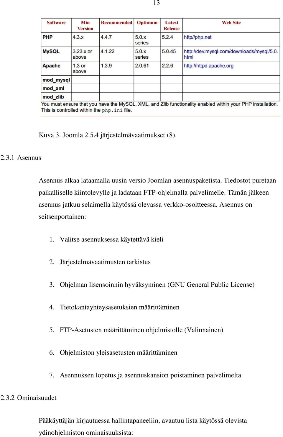 Valitse asennuksessa käytettävä kieli 2. Järjestelmävaatimusten tarkistus 3. Ohjelman lisensoinnin hyväksyminen (GNU General Public License) 4. Tietokantayhteysasetuksien määrittäminen 5.