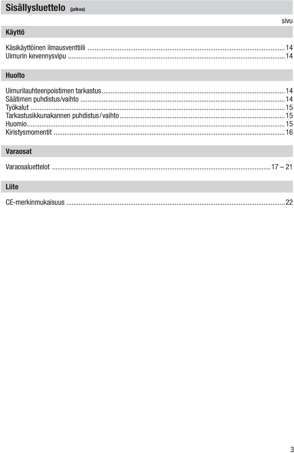 ..14 Säätimen puhdistus/vaihto...14 Työkalut.